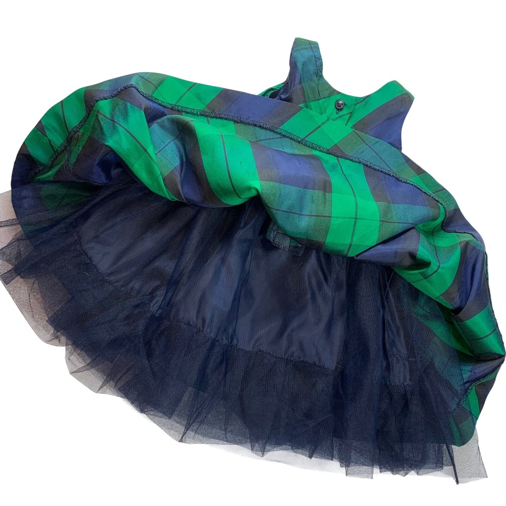 Janie and Jack Girls Green Navy Blue Plaid Silk Blend Tulle Party Dress 3-6M - Picture 3 of 6